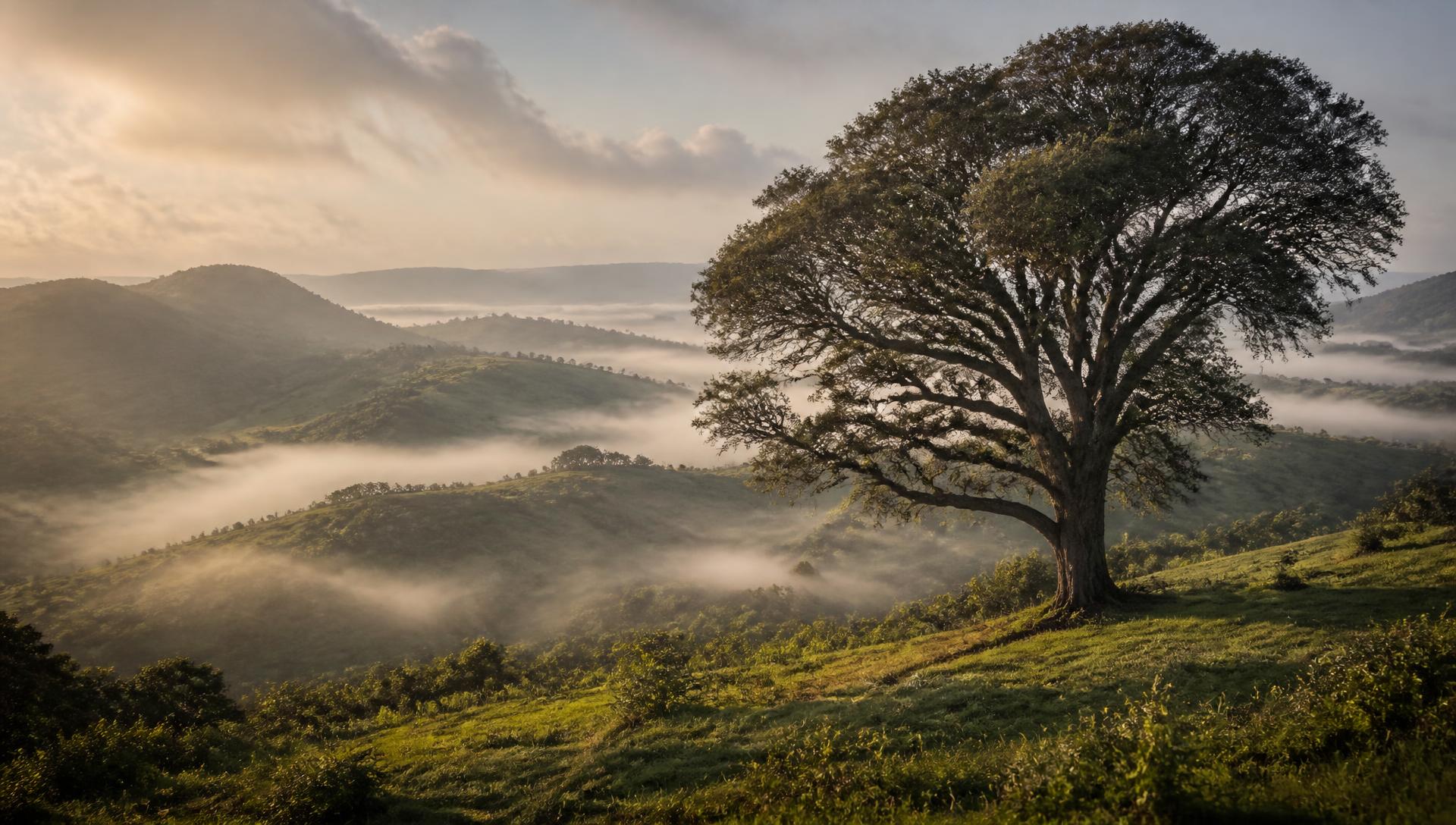 Paisagem de campo ao amanhecer com uma grande árvore centenária